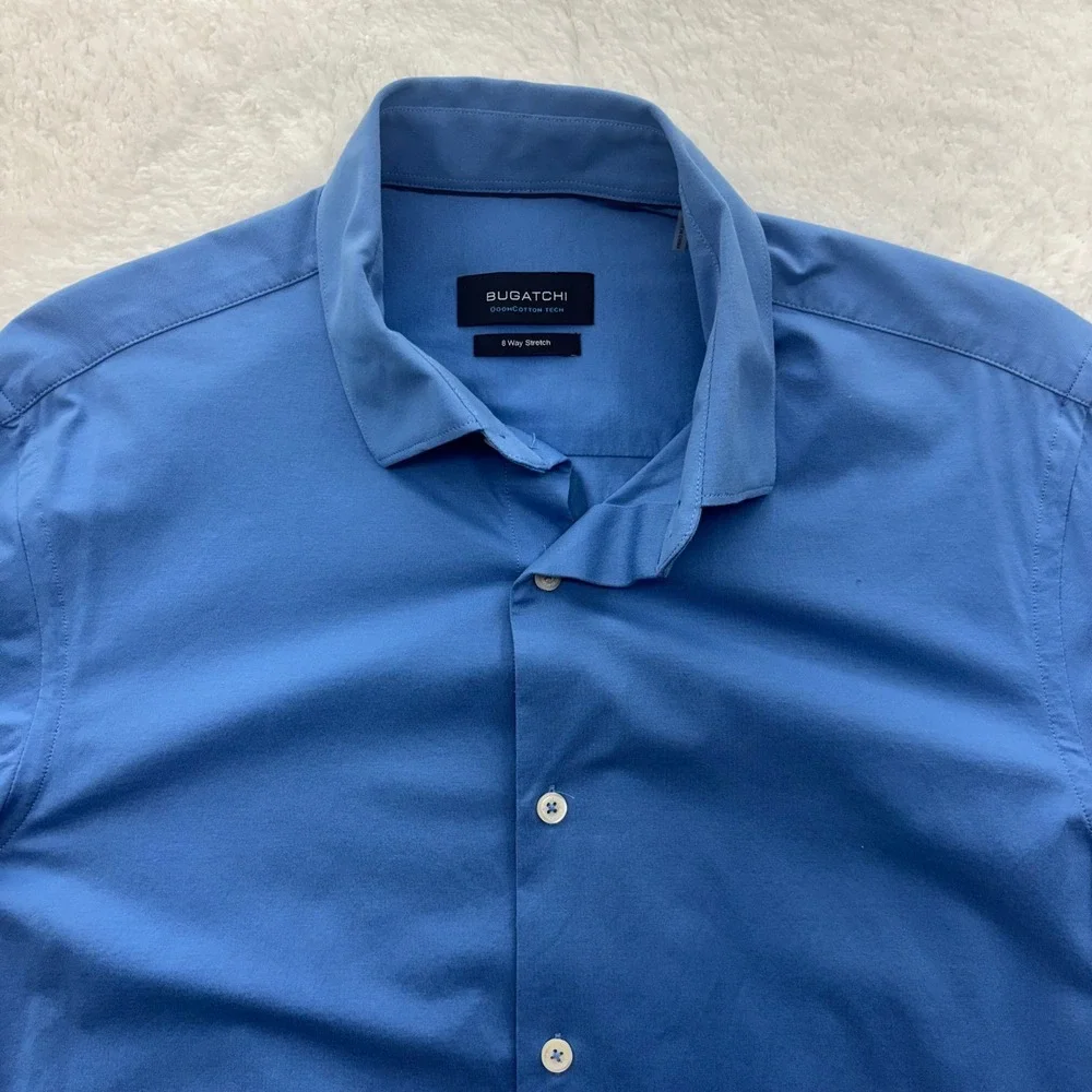 Bugatchi OoohCotton Tech Mens Short Sleeve Button Down Shirt Blue Size M Stretch